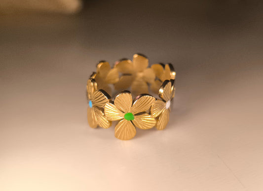 Bague Ajustable "Éclat Floral" en Acier Inoxydable Or & Perles de Couleurs • Adjustable "Floral Shine" Ring - Gold Stainless Steel & Gem Colors